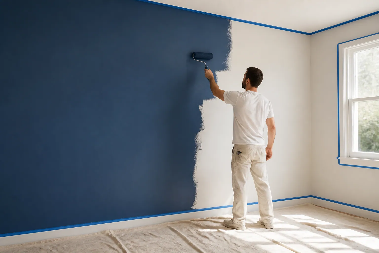 Mur en cours de peinture avec rouleau et protection du sol