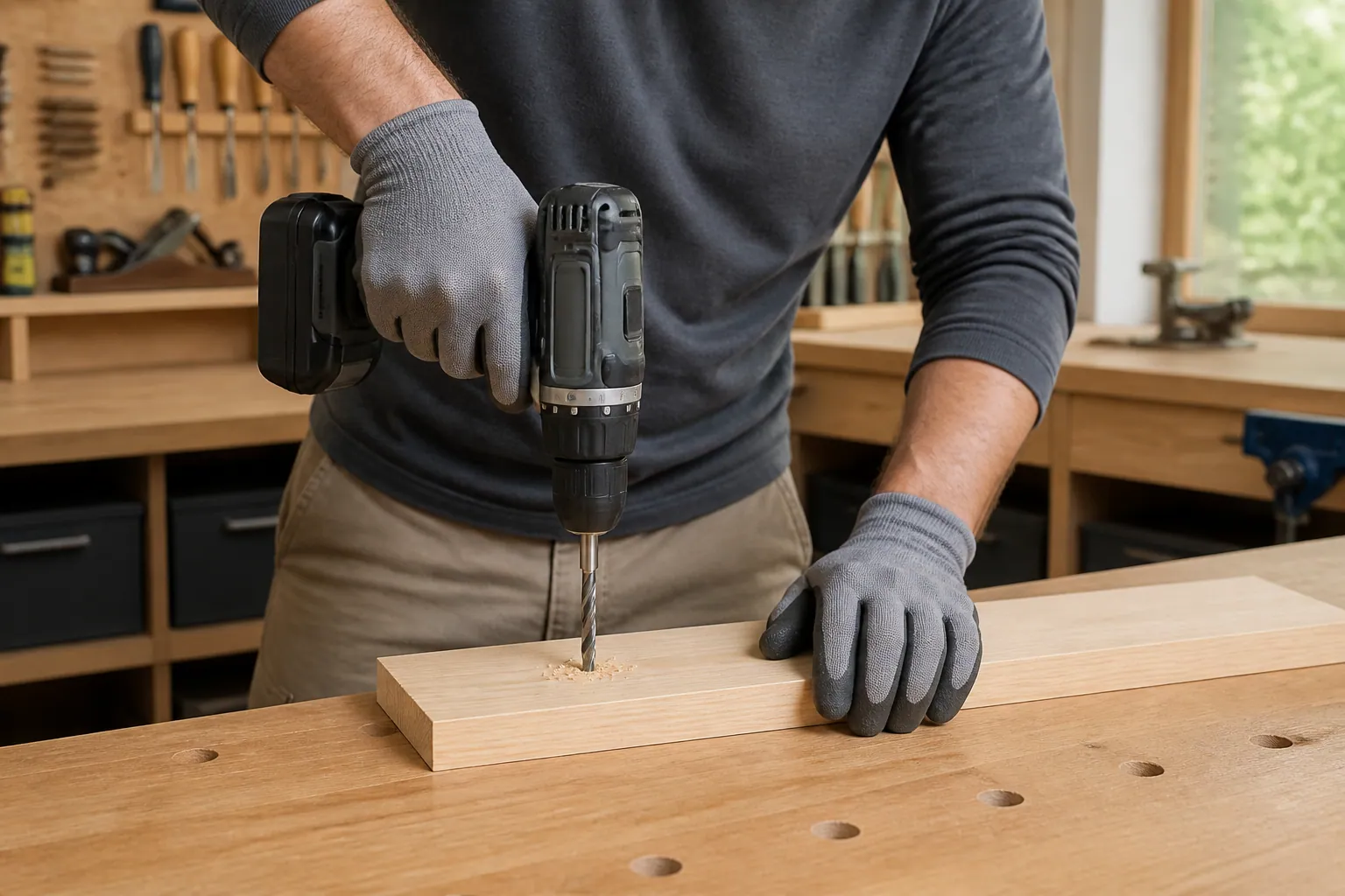 Main guidant une perceuse au-dessus d’une planche de bois