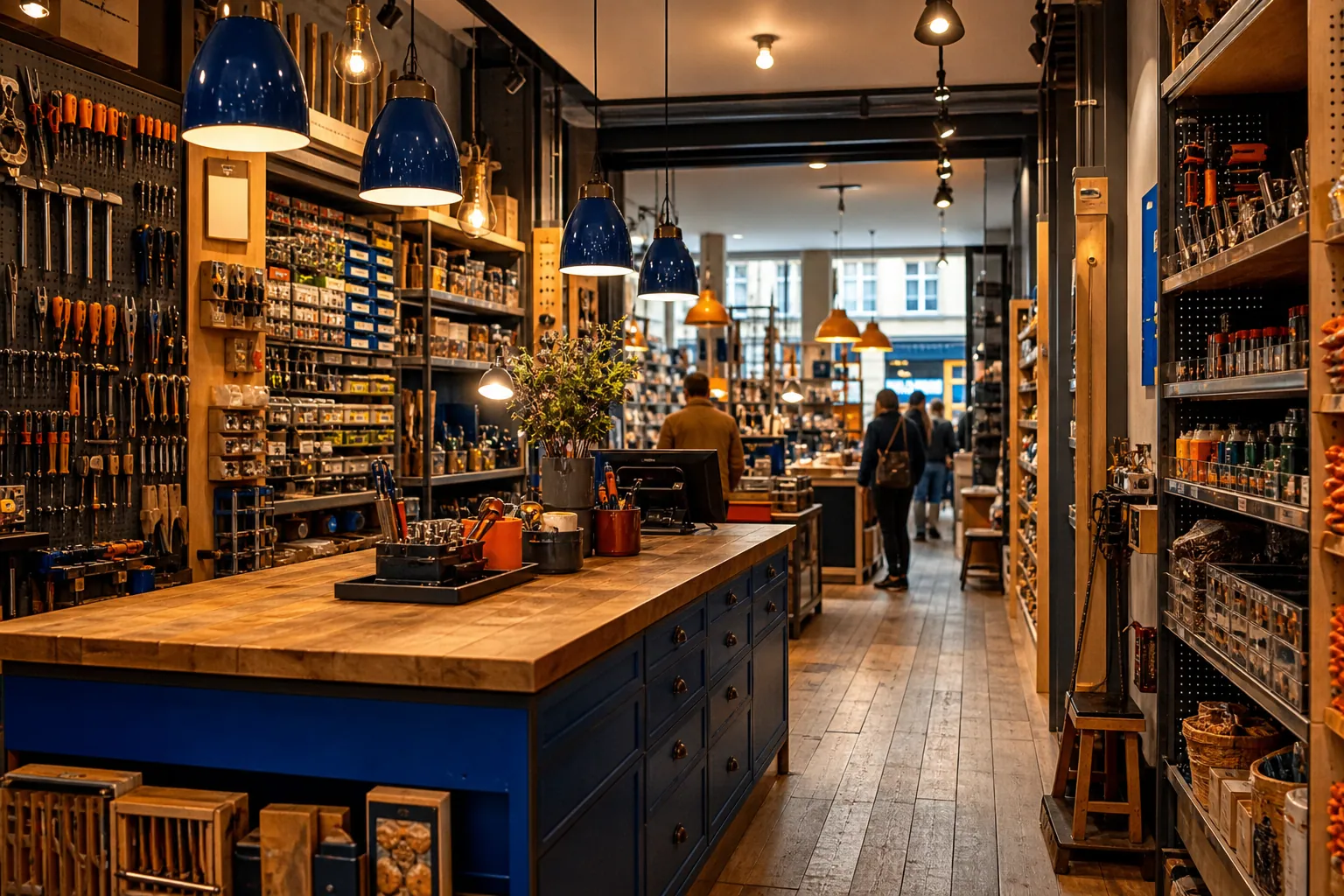 Comptoir de magasin entouré d’outils et de matériaux bien rangés