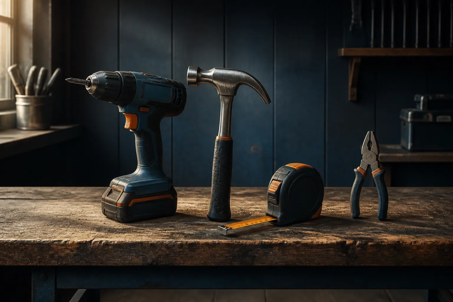 Perceuse et outils à main disposés sur un établi en bois
