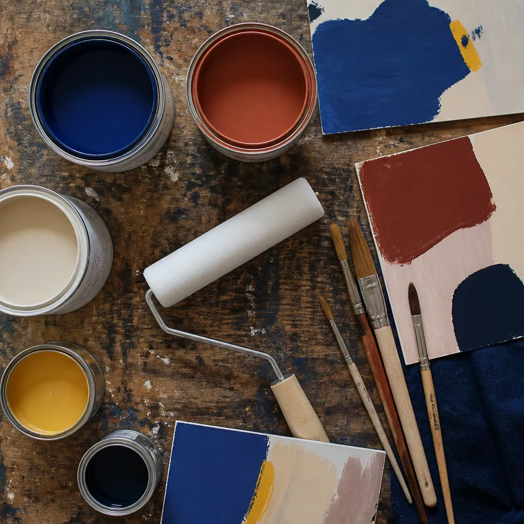 Pots de peinture ouverts et échantillons de couleurs sur un établi