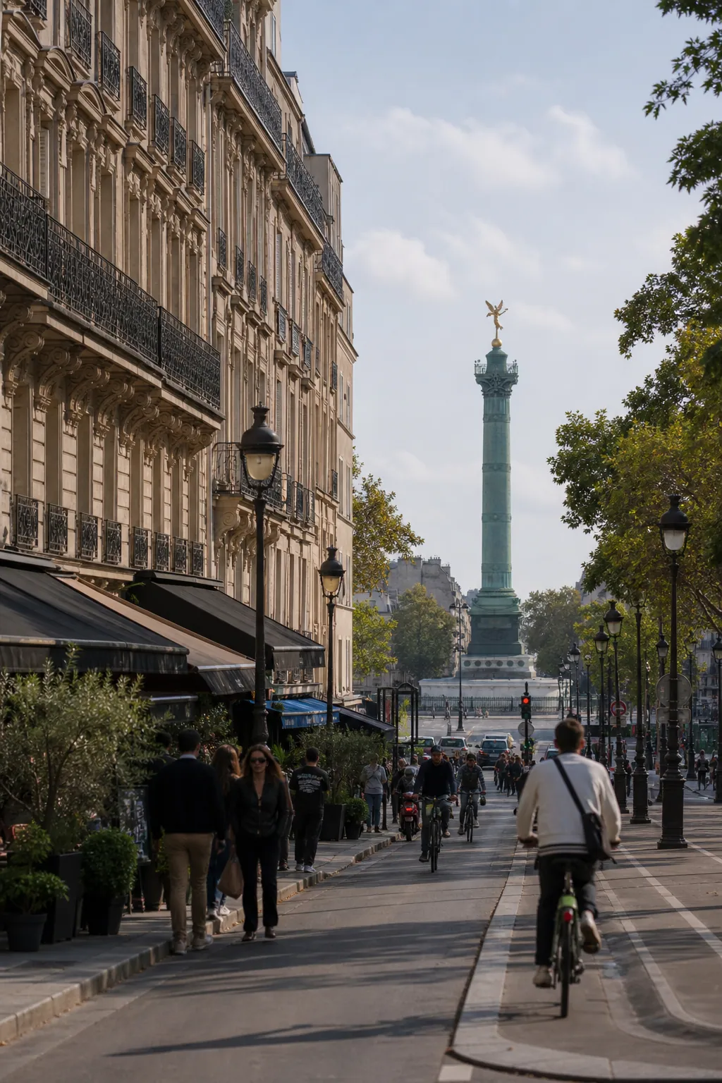 Rue parisienne animée aux abords de la place de la Bastille