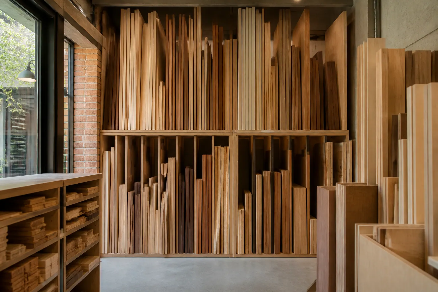 Tasseaux et petites planches de bois rangés verticalement