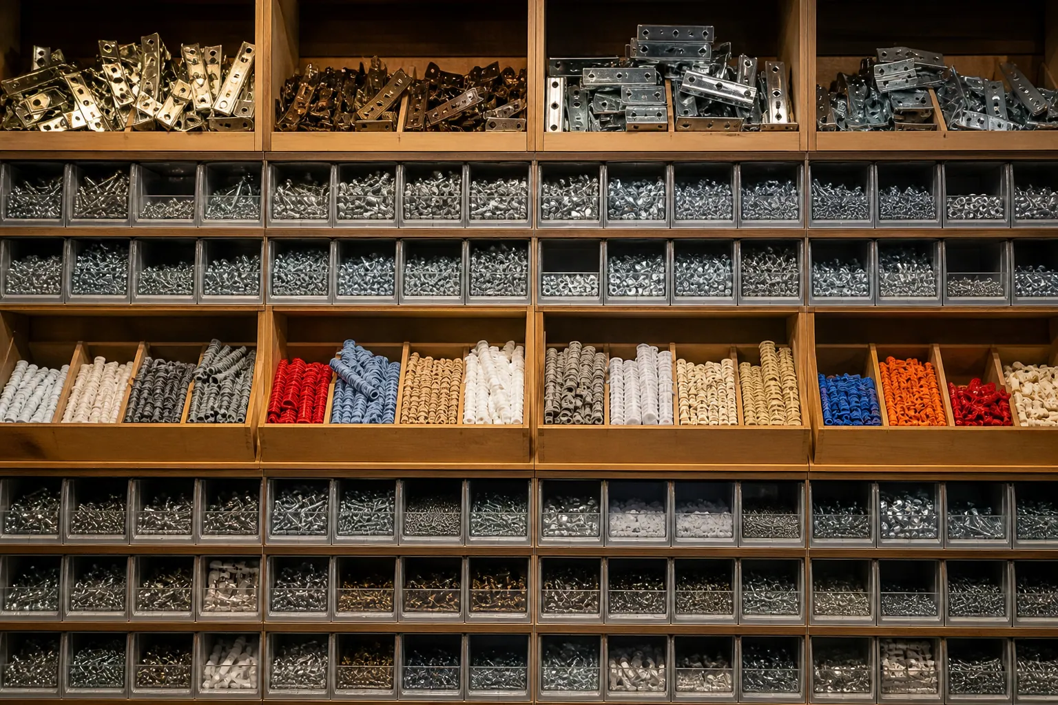 Casiers remplis de vis, chevilles et petites pièces métalliques