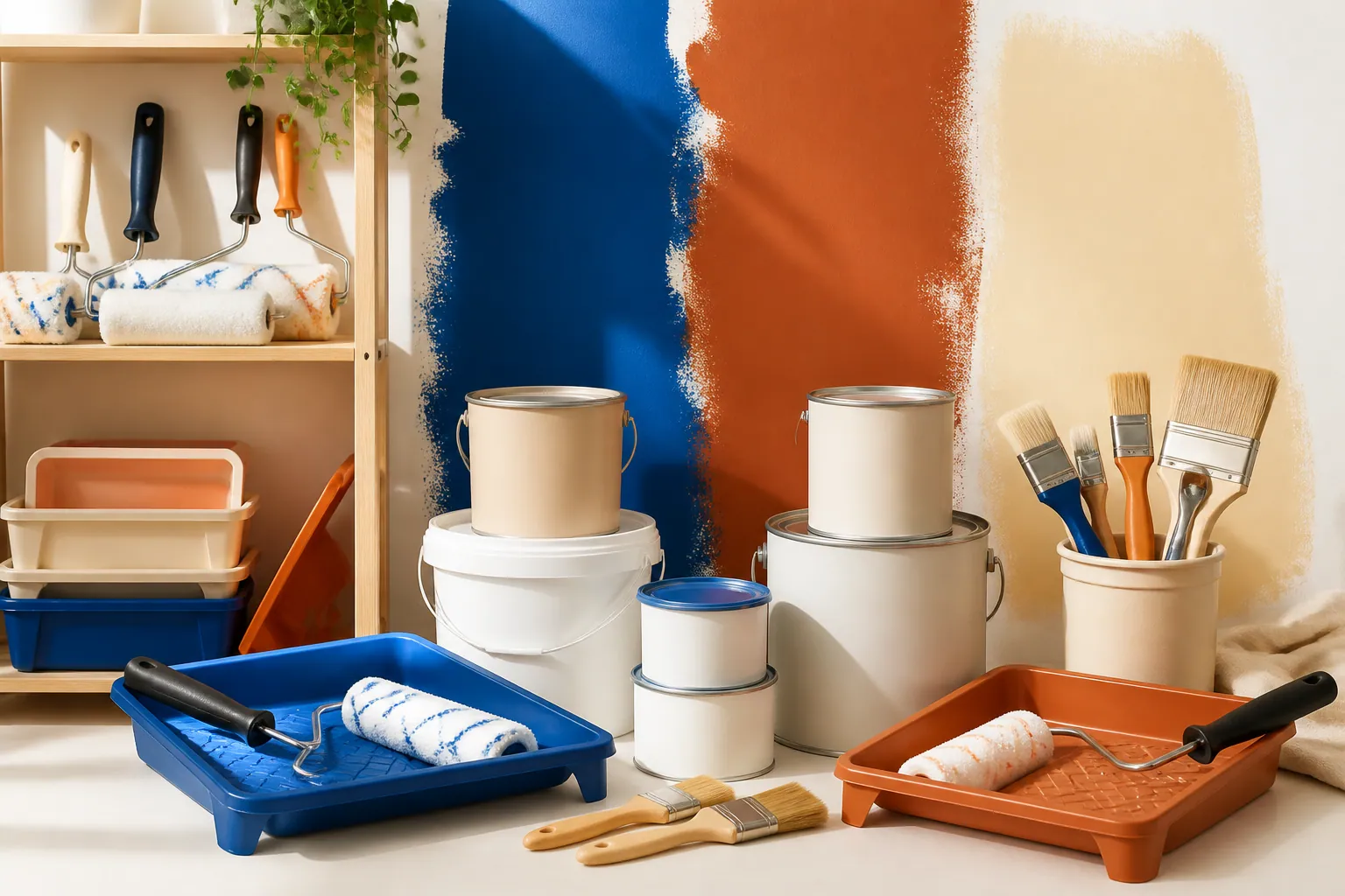 Rouleaux, pinceaux et pots dans un rayon peinture coloré
