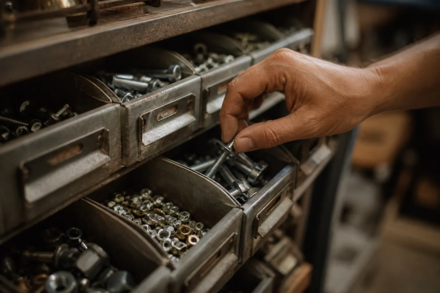 Main sélectionnant des vis dans des casiers de quincaillerie